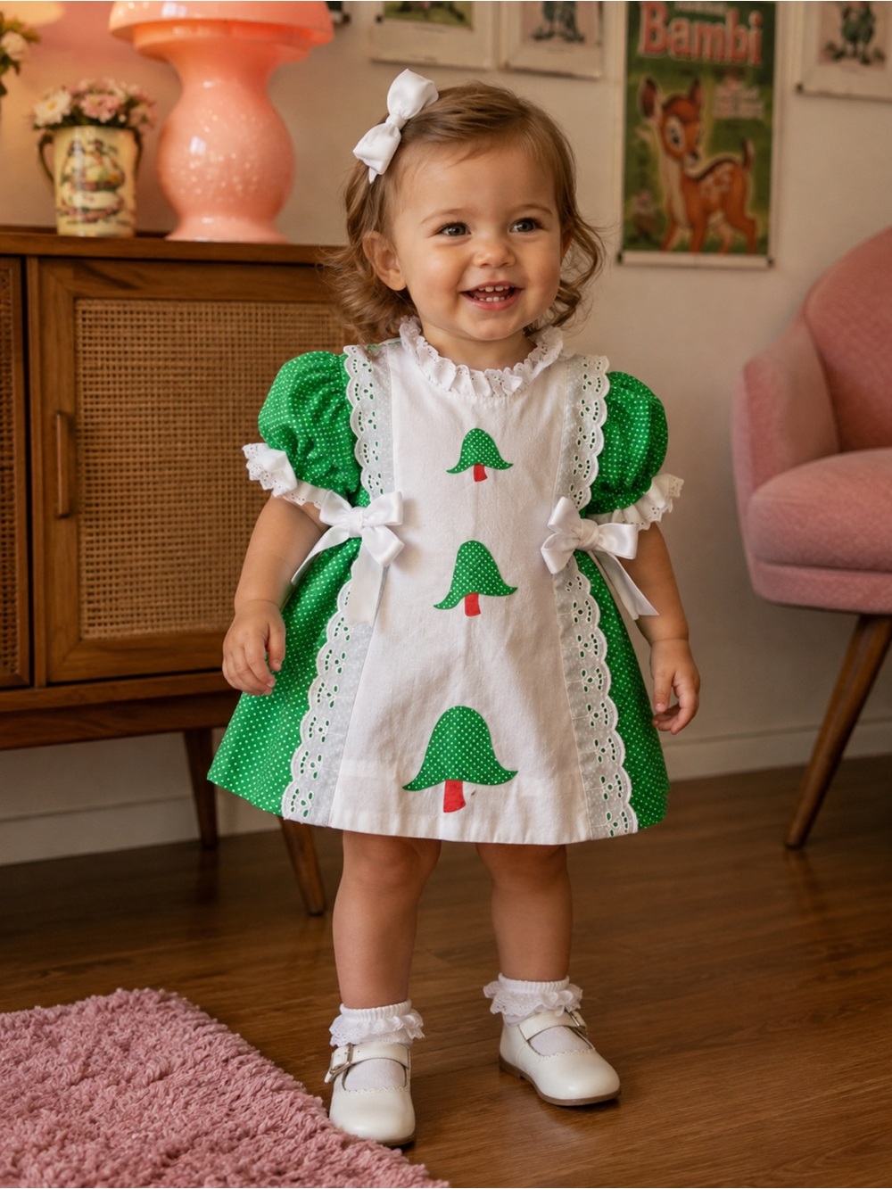 Vintage baby toddler girl 2t mushroom knitted embroidered baby doll dress green